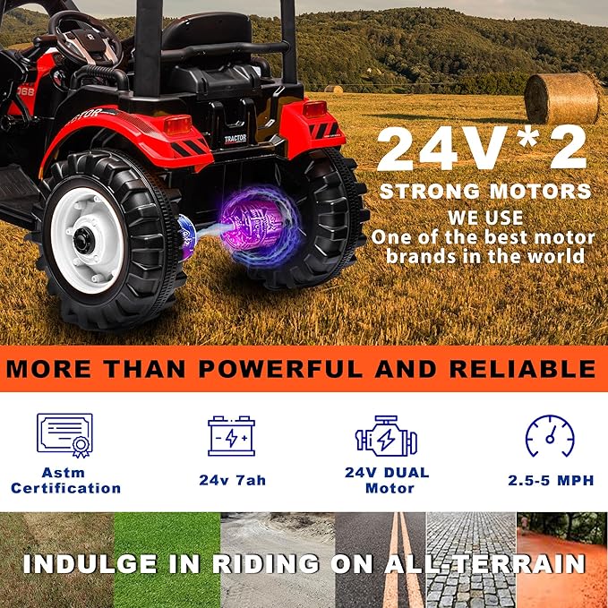 Kidsera 24V Kids Ride on Tractor with Trailer & Front Loader, 3 In1 Tractor 4-Gearbox 24volt Dual Motors Metal Frame, 24V Ride on Toys for Big Kids, Power Wheels Kids Electric Vehicles (Red)