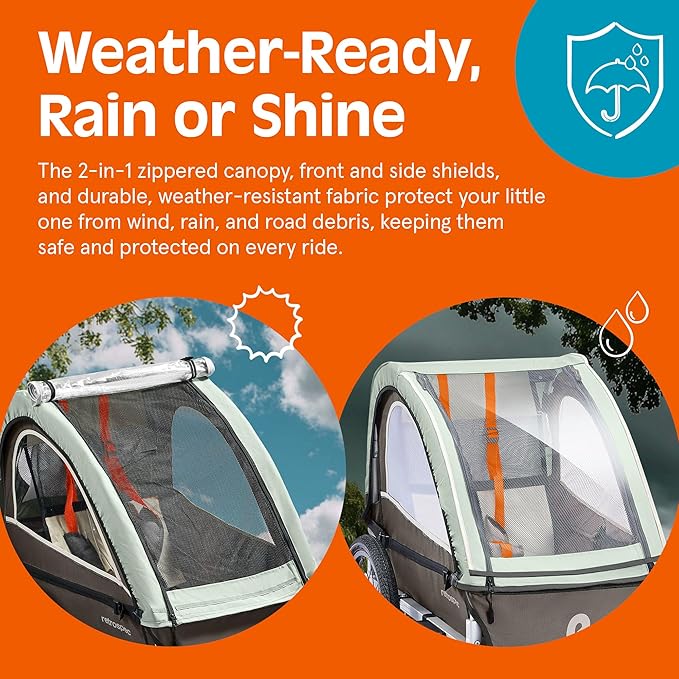 Retrospec Rover Plus Foldable Bike Trailer for Kids, Single/Double Passenger Child Bike Trailer with 5-Point Safety Harness, Reflective, Weather-Resistant Fabric and Safety Flag - Supports 40-80 lbs