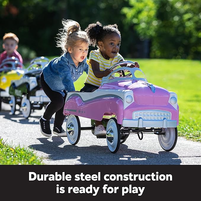 Kid Trax Classic Pink Pedal Car for Girls, Ages 3-5, Durable Steel, 60lbs Max, Easy Assemble, Indoor/Outdoor Ride-On Toy, Toddler Ride-On, Vintage Style, Rubber Tires, Functional Steering