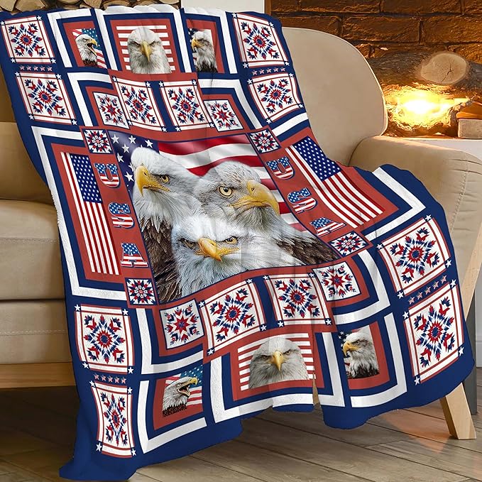 Eagle Throw Blanket American Flag Bald Eagle Stuff Gifts for Kids Girls Boys Adults Women Men Soft Cozy Warm Plush Fluffy Fuzzy Fleece Blanket Decor 50''X60''