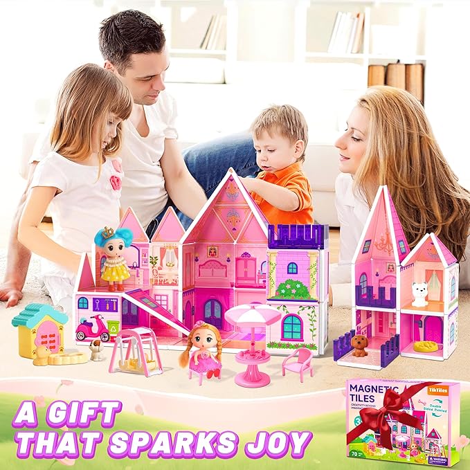 Magnetic Tiles Doll House Building Toys Set with Double Sided Printed Design, Play House Magnetic Blocks for Kids Ages 3-5 4-8, STEM Educational Sensory Magnet Toys Birthday Gifts for Girls