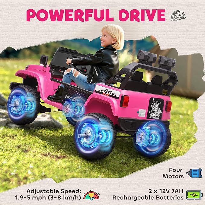 Qaba 24V 2-Seater Kids Ride on Truck Car, 44-50" L Adjustable 4WD Electric Car, 5 MPH Max Speed, Remote Control, Spring Suspension, Storage and LED Lights for Kids Ages 37-95 Months, Pink