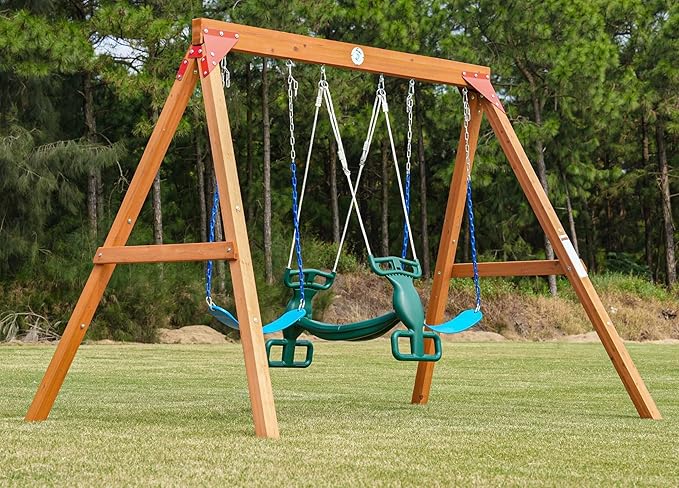 Dolphin Playground DIY Swing Sets for Backyard, Wooden Playground Sets for Backyards with Glider Swing and 2 Belt Swings, Kids Outdoor Play Equipment, Outdoor Playset for Any Swing Replacements