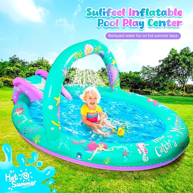 SULIFEEL Mermaid Inflatable Play Center Kiddie Pool with Slide and Sprinkler for Children, 96''x59''x39'' Baby Pool for Backyard and Garden, Free Inflatable Pump