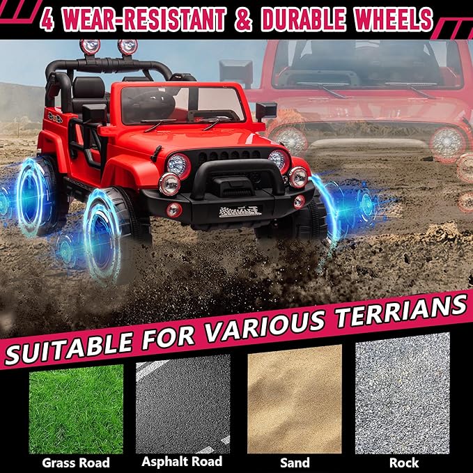 24V XL Kids Electric Ride on Truck Car 2 Seater Remote Control for Toddlers 2-8, 160W 2 Motors 5MPH Max Speed, Bluetooth USB Music Player, LED Lights Safety Belt, Gift for Boys Girls, Red