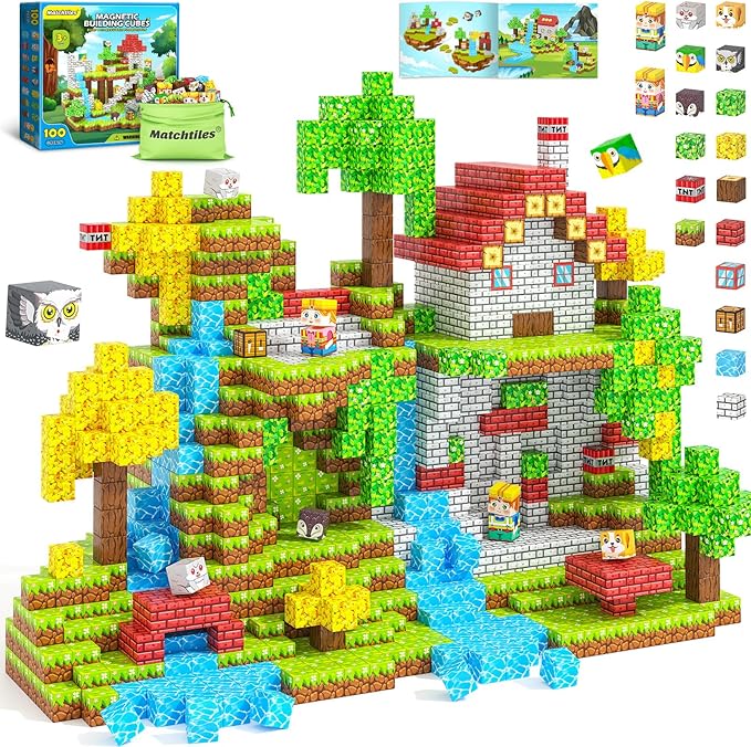 100PCS Magnetic Blocks with Forest Animals, Magnetic Building Blocks Magnet Cube Toys Stacking, Build Forest World Set, STEM Montessori Sensory Toys for Kids Boys Girls Age 3 4 5 6 7 8 9 10 Gifts