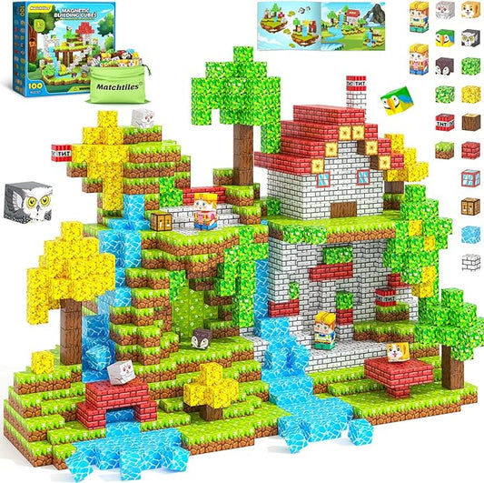 100PCS Magnetic Blocks with Forest Animals, Magnetic Building Blocks Magnet Cube Toys Stacking, Build Forest World Set, STEM Montessori Sensory Toys for Kids Boys Girls Age 3 4 5 6 7 8 9 10 Gifts