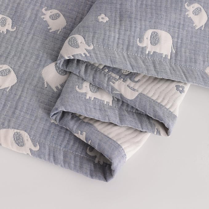 NTBAY 3 Layer Oversized Muslin Cotton Toddler Blanket, Jacquard Reversible Nursery Bed Blanket, Super Soft and Thermal for All Seasons, Baby Gift, 45"x60", Blue Elephant