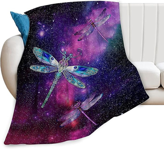 Dragonfly Throw Blanket Flannel Fleece Galaxy Starry Sky Cozy Plush Ultra Soft Warm Blankets Fuzzy Party Blanket Caring Gifts for Girls Women Men Boys 80"X60"