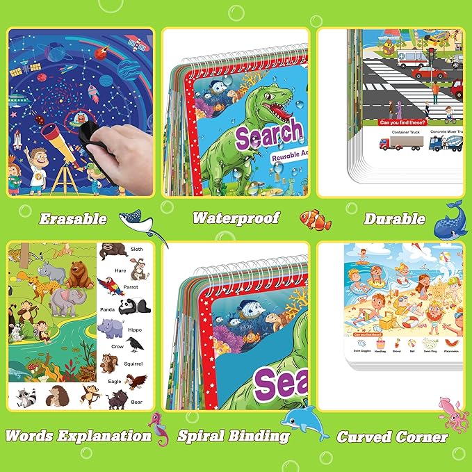Search and Find Book for Kids Ages 4-6,3-8, Reusable Activity Pad with 24 Toddler Activities Books, Educational Toys for 3+ Year Old, Toddler Airplane Travel Essentials, Travel Toys for Kids 4-8