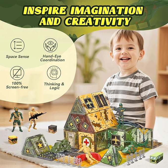 Magnetic Tiles Road Building Toys Set with Magnetic Blocks and Army Toys Accessories, Military Magnetic Blocks for Kids Ages 3-5 4-8, STEM Educational Sensory Magnet Toys Birthday Gifts for Boys Girls