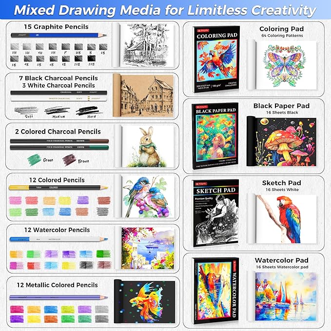 133 Pack Drawing Set Sketching Kit, Pro Art Supplies with Sketch Book, Coloring Book, Watercolor Pad, Black Paper Pad, Graphite Colored Charcoal Watercolor & Metallic Pencils, for Artists Adults Kids