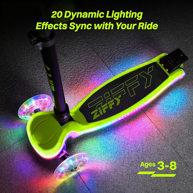 ZIFFY 3-Wheel Light-Up Toddler Scooter for Kids 3-8, Kids Scooter for Boys Girls with 20 Dynamic LED Lights, 4 Adjustable Height Balance Kick Scooter 110LBS, Lean-to-Steer Anti-Slip Wide Deck by JOVA
