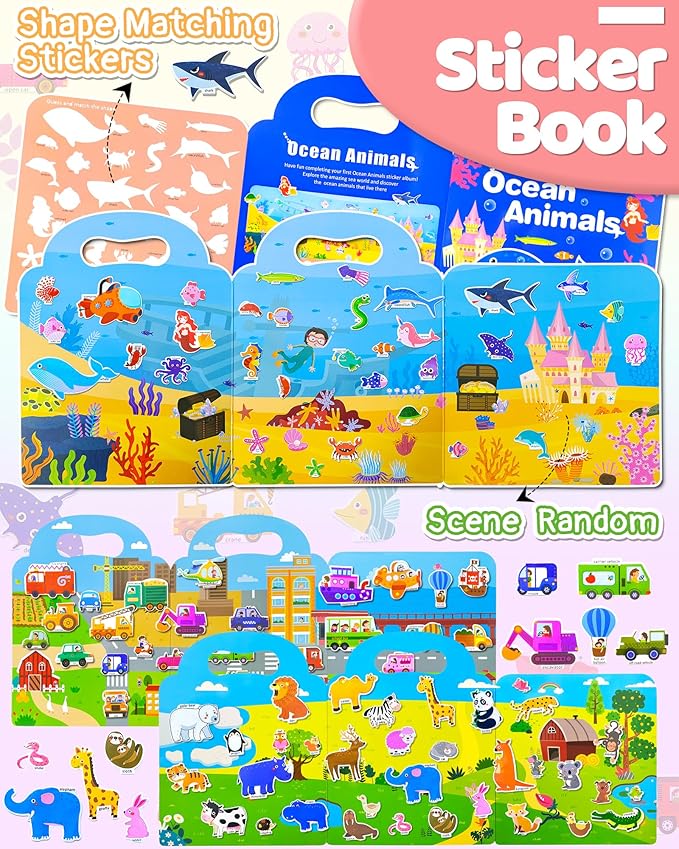 Benresive Reusable Sticker Book for Toddlers 2-4 Years, 3 Sets Travel Stickers for Kids, Waterproof Sticker Books for Toddlers 1-3, Crafts Activities for Todddlers 1-3 2-4 3-5
