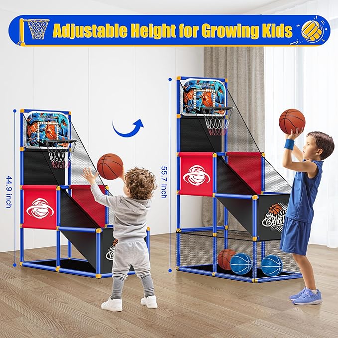 Kids Arcade Basketball Hoop with 4 Balls , Indoor Outdoor Single Shot Basketball Game for Toddler,Carnival Games Sport Toys Gifts for Boys Girls Ages 3-8 Years Old,Ideal for Competition,Pump Included
