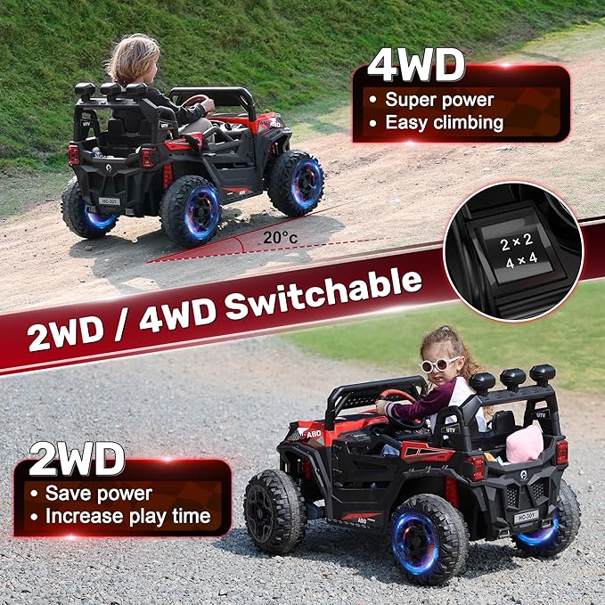 ANPABO 24V Ride on Toys for Big Kids w/Remote Control, 4X75W Motors, Max 4.5MPH, 4WD/2WD Switchable, 4 Shock Absorbers, 19" Spacious Seat, Bluetooth, Electric Car for Kids(Red)