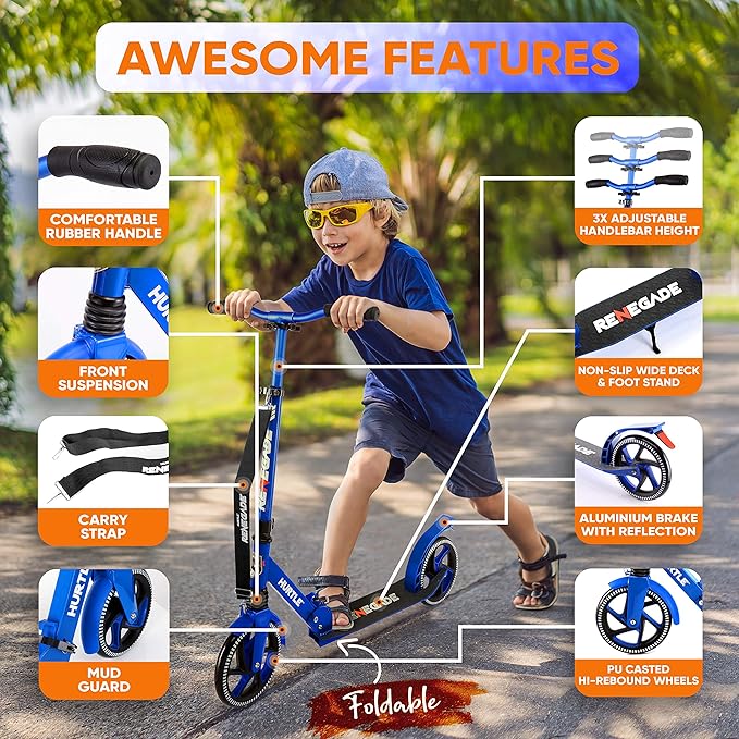 Hurtle Renegade Kick Scooter for Kids, Teenagers & Adults - 2-Wheel Folding Scooter with Adjustable T-Bar Handlebar - Alloy Anti-Slip Deck