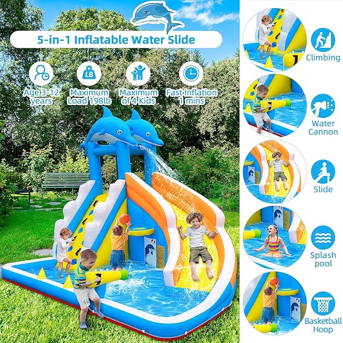 TOAOB Inflatable Water Slide,5 in 1 Dolphin Inflatable Bounce House for Kids- Climbing Wall Splash Pool Water Cannon Basketball Rim - 480W Blower - for Indoor Outdoor Backyard Birthday Party