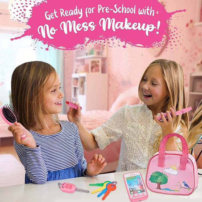 Toddler Play Purse for Kids with Accessories, Toys for Girls with Pretend Makeup, Keys, Smartphone, Dress Up Toy Purse for Toddlers and Kids - Birthday Gift for Little Toddler Girls Ages 3 4 5 6, Pink