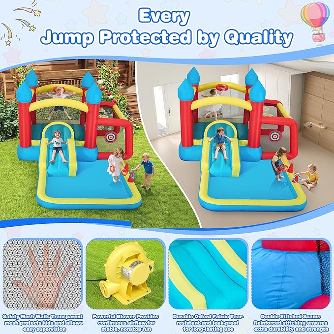 Inflatable Bounce House for Kids 3–6, 6-in-1 Bouncy House with Slide and Blower, Ball Pit, Climbing Wall, Basketball & Soccer Play, Inflatable Castle Gift for Kids Indoor Outdoor Backyard Party Fun