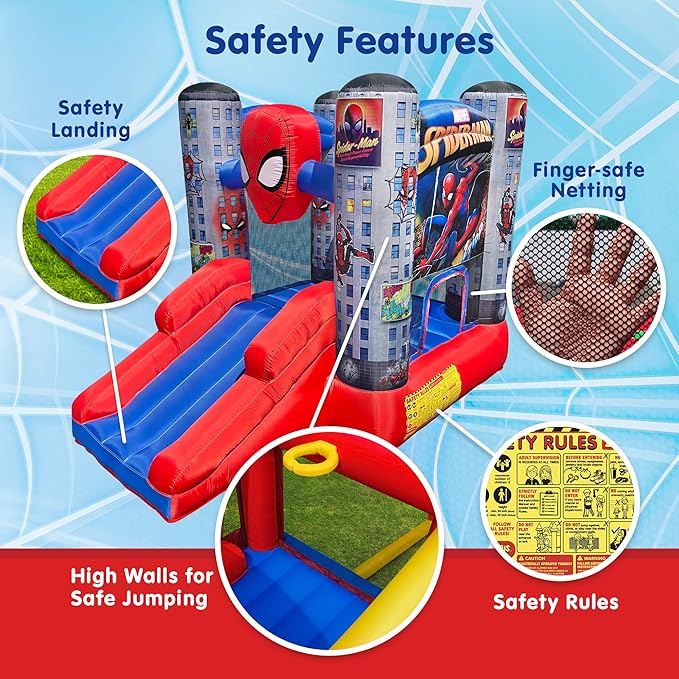 Funormous Marvel Spider-Man Bounce House with Slide, Kids Inflatable Spiderman Bouncy Castle Indoor Outdoor Plus Heavy Duty Air Blower