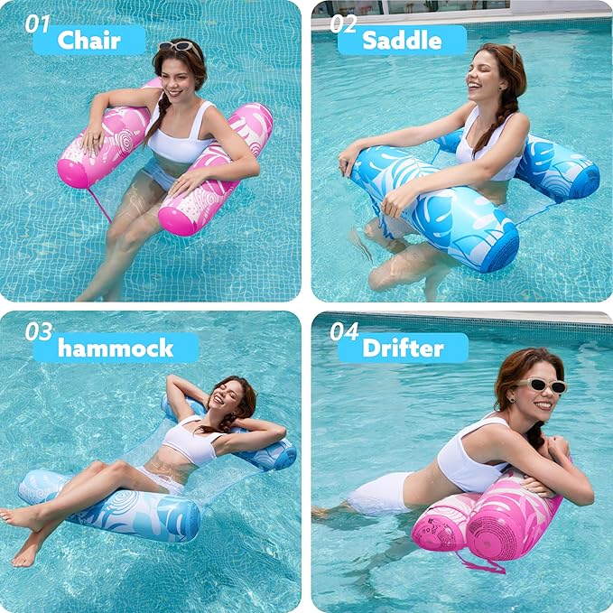 SLOOSH 2 Packs Hammock Pool Floats Adults, 4-in-1 Multi-Purpose Inflatable Pool Floats PVC Water Hammock Lounge Floaties