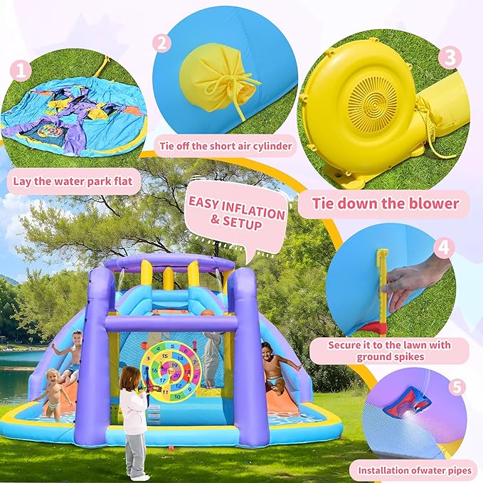 8 in 1 Inflatable Water Slide Bouncy House with Double Slides Water Park with Splash Pool,Climbing Wall,Target Game for Outdoor Backyard Aged 3-10 Kids with 520W Blower 174 x 165 x 90 Inches