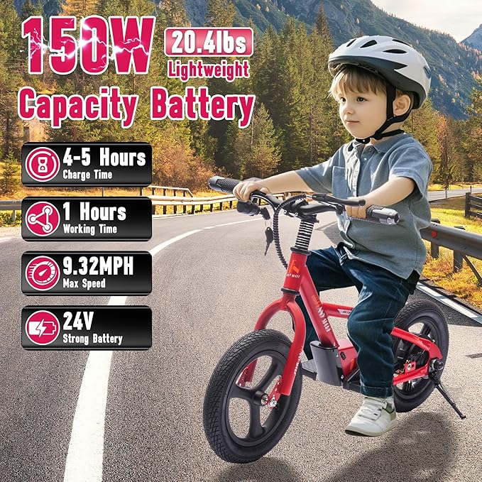 24V Kids Ride On Electric Dirt Bike, 150W Lightweight Electric Motorcycle with Height Adjustable PU Seater, Power Display, Key Start, Electric Balance Bike for Kids Age 3+