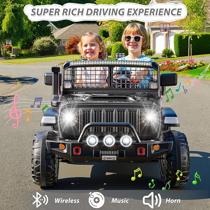 Hikole 24V 2 Seater Electric Ride on Toys Car for Kids 4-8, Remote Control, 2X200W Powered Wheels, 20'' Wide Seats, Sping Suspension, Bluetooth & Music, 110LBS MAX Load, LED Lights, 3 Speeds, Black