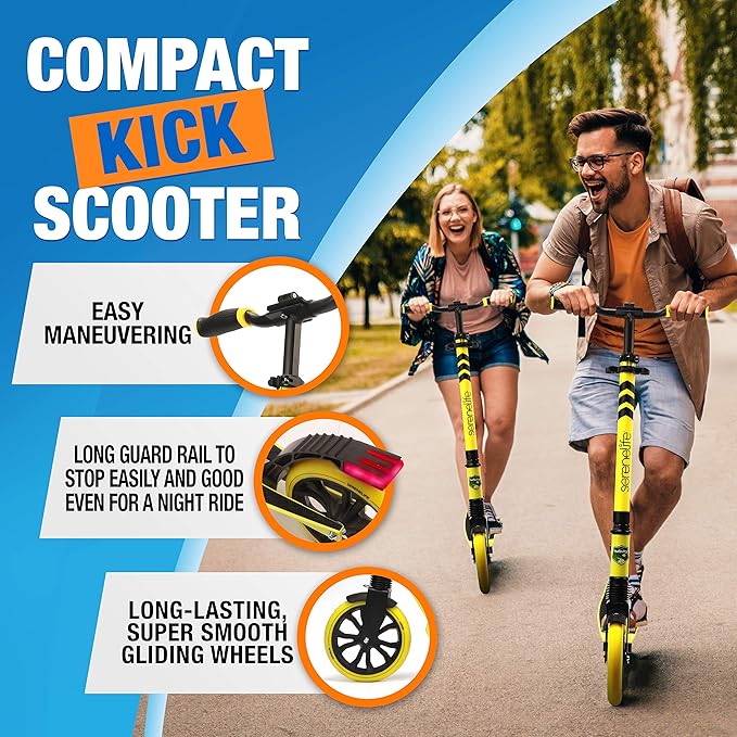 SereneLife Kick Scooter Adult Teenagers Kids- 2 Wheel Kids Scooter with Adjustable T-Bar Handlebar - Alloy Anti-Slip Deck - Portable Folding Scooters for Kids with Carrying Strap