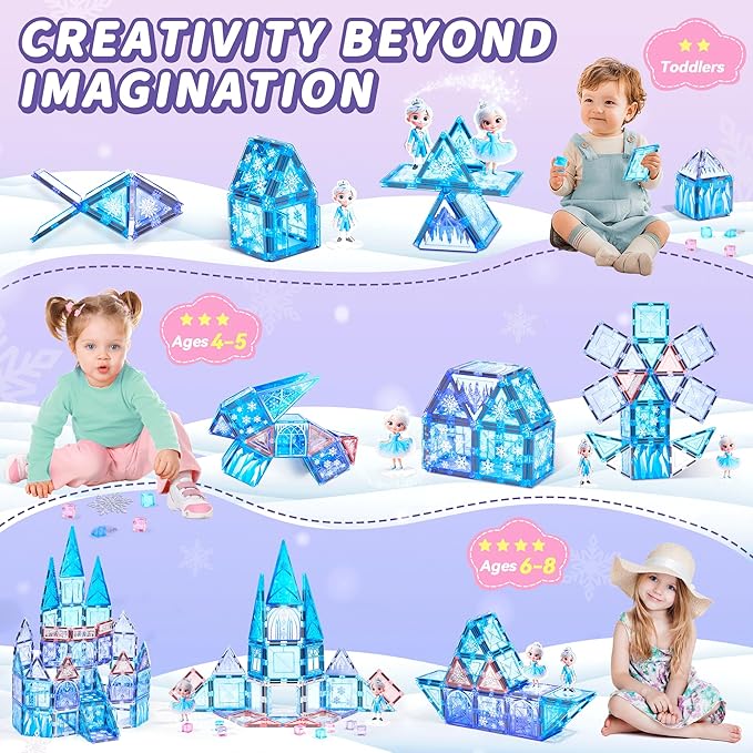 Magnetic Tiles Building Toys Set with 2 Dolls, Princess Castle Magnetic Blocks for Kids Ages 3-5 4-8, STEM Educational Sensory Magnet Toys Birthday Gifts for Toddlers Girls Boys