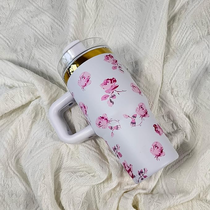 14 oz Tumbler with Handle and Straw, 14oz Toddler Tumbler with Lid and Straw for Kids Stainless Steel Tumblers, Outdoor Sports Travel School Gift, Keeps Drinks Cold up to 24 Hrs(WhiteFlower)