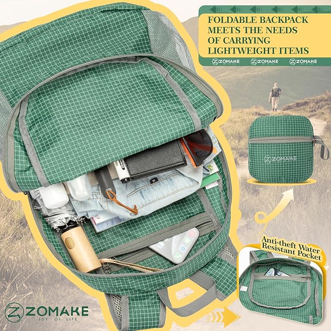 ZOMAKE Ultra Lightweight Hiking Backpack 20L - Packable Small Backpacks Water Resistant Daypack for Women Men(Forest Green Plaid)