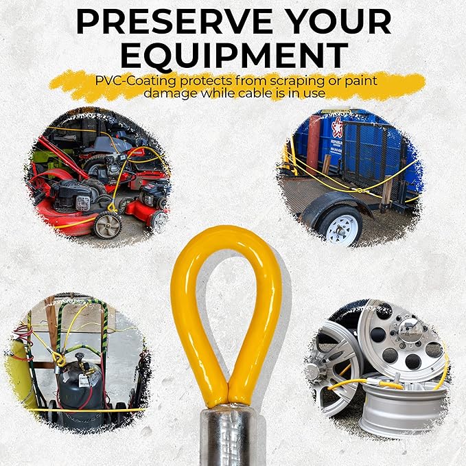 15FT (1/2") Commercial Steel Cable with Looped Ends - Industrial Use Protection - PVC Coated Heavy Duty Chain-Long Galvanized Wire Rope Braided Security - Secure Valuable High End Equipment