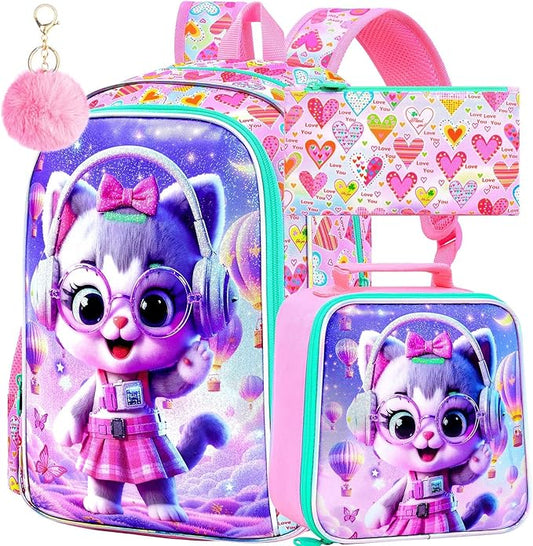 CCJPX 3Pcs Cat Backpack for Girls, 16” Kids Bookbag with Lunch Box, Water Resistant Elementary School Bag for Kindergarten Preschool Toddler (Pink)