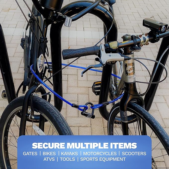 Security Cable Lock Set (5' to 25') Looped Ends, Weatherproof, Keyless Compact U-Lock with Combination, Anti-Theft for Bikes Equipment 10ft