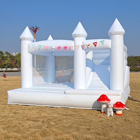 13 FT 100% PVC White Inflatable Bounce House with Large Slide Bouncy Castle for Kids Aged 3-12 Jump House Inflatable Bounce Wedding Party Decoration Best Gift for Kid(Includ Blower)