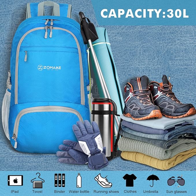 ZOMAKE Lightweight Packable Backpack 30L, Foldable Hiking Backpacks Water Resistant Compact Folding Daypack for Travel(Light Blue)
