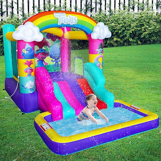 Funormous Trolls Bounce House with Slide & Ball Pit – Indoor/Outdoor Inflatable Play Castle with Heavy-Duty Air Blower for Kids Ages 3–8