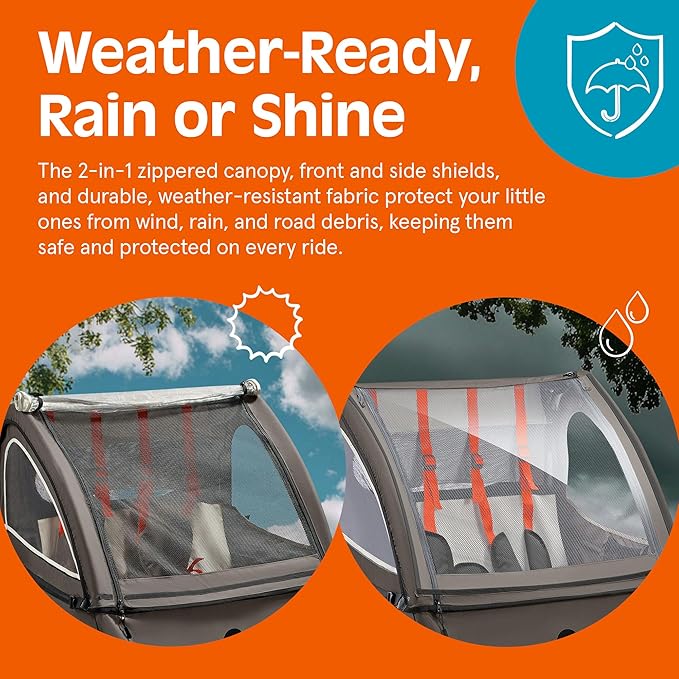 Retrospec Rover Plus Foldable Bike Trailer for Kids, Single/Double Passenger Child Bike Trailer with 5-Point Safety Harness, Reflective, Weather-Resistant Fabric and Safety Flag - Supports 40-80 lbs