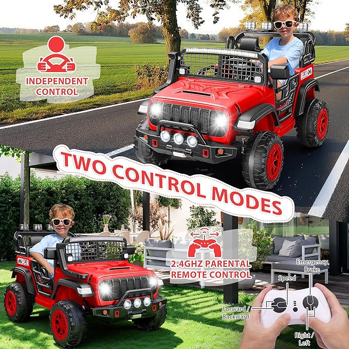Hikole 24V 2 Seater Electric Ride on Toys Car for Kids 4-8, Remote Control, 2X200W Powered Wheels, 20'' Wide Seats, Sping Suspension, Bluetooth & Music, 110LBS MAX Load, LED Lights, 3 Speeds, Red