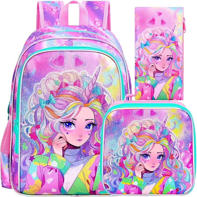 CCJPX 3PCS Backpack for Girls, 16" Unicorn Water Resistant Preschool Bookbag with Lunch Box, Kids Princess School Bags for Elementary Kindergarten Toddler
