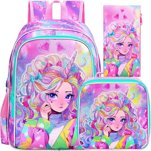 CCJPX 3PCS Backpack for Girls, 16" Unicorn Water Resistant Preschool Bookbag with Lunch Box, Kids Princess School Bags for Elementary Kindergarten Toddler