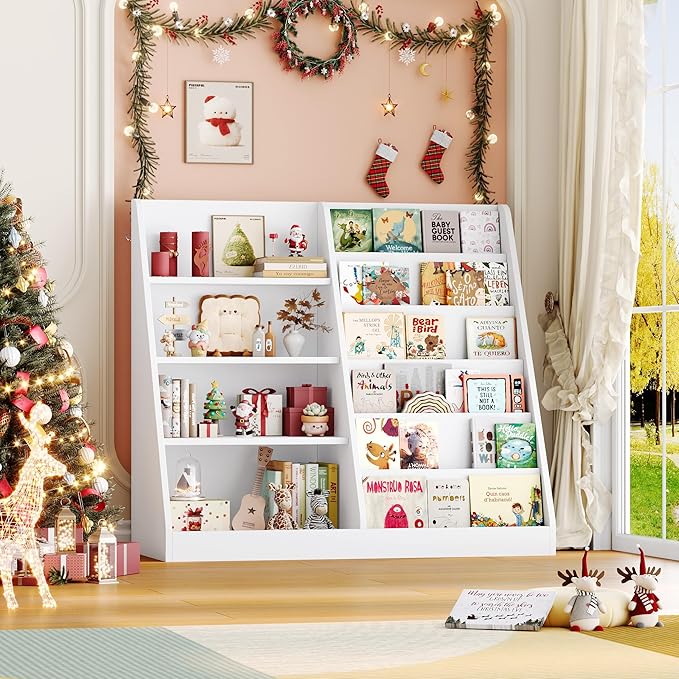 6 Tier Kids Bookshelf and Toy Storage Organizer, Child-Friendly Height & Stable Triangle Design, Toddler Book Shelf for Kids Room, Playroom, Bedroom, Classroom, Nursery, School, White