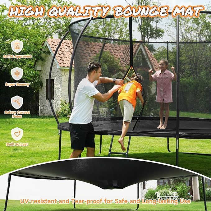 10FT 12FT 14FT 15FT 16FT Outdoor Trampoline with Enclosure Net, Heavy Duty Yard Trampolines, ASTM Approval Recreational Trampolines for Kids and Adults