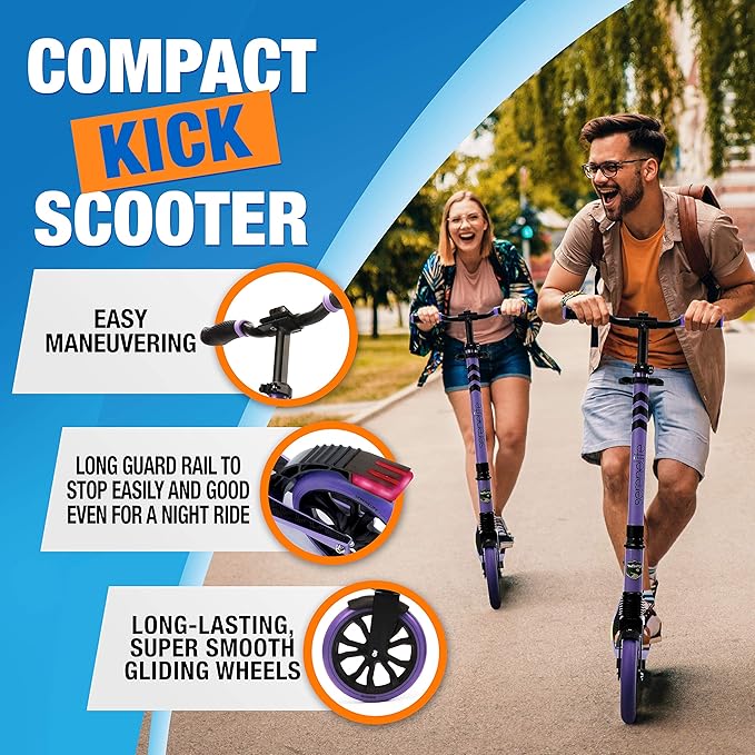 SereneLife Kick Scooter Adult Teenagers Kids- 2 Wheel Kids Scooter with Adjustable T-Bar Handlebar - Alloy Anti-Slip Deck - Portable Folding Scooters for Kids with Carrying Strap