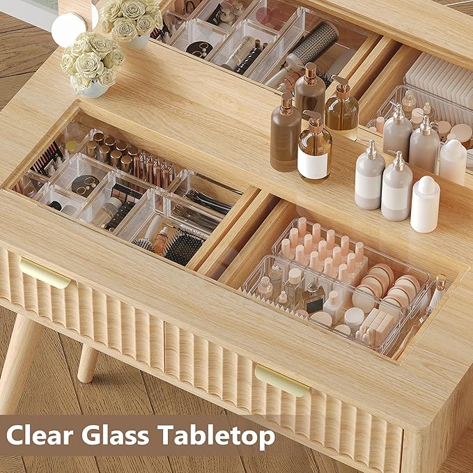 Makeup Vanity Desk with Mirror and Lights, 45" Fluted Wood Vanity Desk with Glass Top, 5 Drawers & RGB Glass Cabinet, Power Outlet, Mid Century Modern Dressing Table Set for Women Girls Bedroom