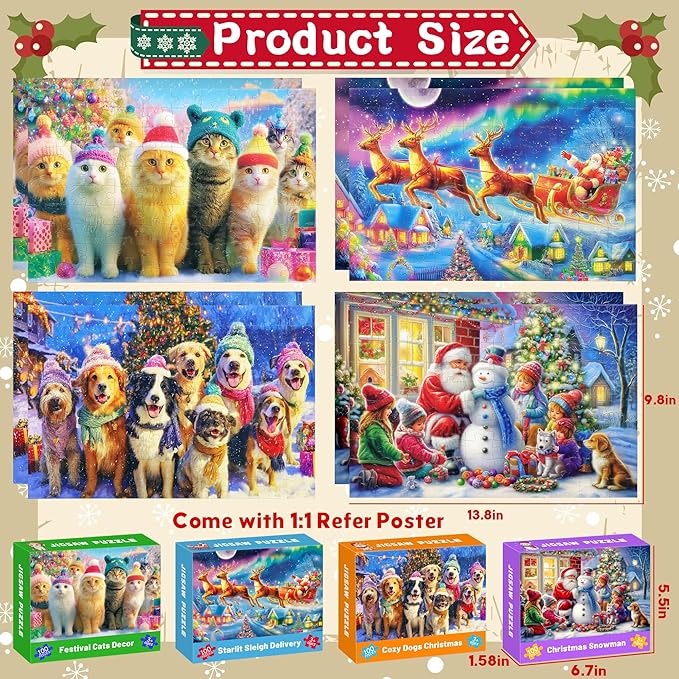 100 Piece Christmas Puzzles for Kids Ages 4-6, 4 Pack Jigsaw Puzzles for Kids Ages 6-8, Christmas Cats Dogs Snowman Sleigh Xmas Gifts for Boys and Girls Learning Educational Holiday Puzzles 5-8 8-10