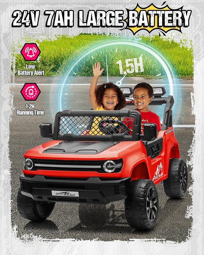 24V Ride on Toys for Big Kids, 2 Seater Electric Car w/22'' Large Seat, Remote Control, Shovel, 4X200W Engines, 4WD/2WD Switchable, Truck Bed Storage, Ride On Truck Toy for Boy Girl, Red