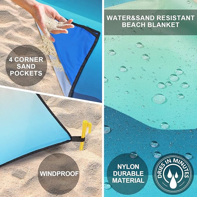 Beach Blanket Waterproof Sandproof Beach Mat 79" X 83"/10'x9'for 2-8 Adults Quick Drying Outdoor Picnic Mat Beach Accessories for Travel, Camping, Hiking